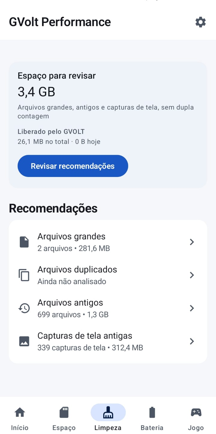 Tela de Limpeza do GVolt Performance Mobile mostrando arquivos grandes, duplicados, antigos e capturas de tela para revisão.