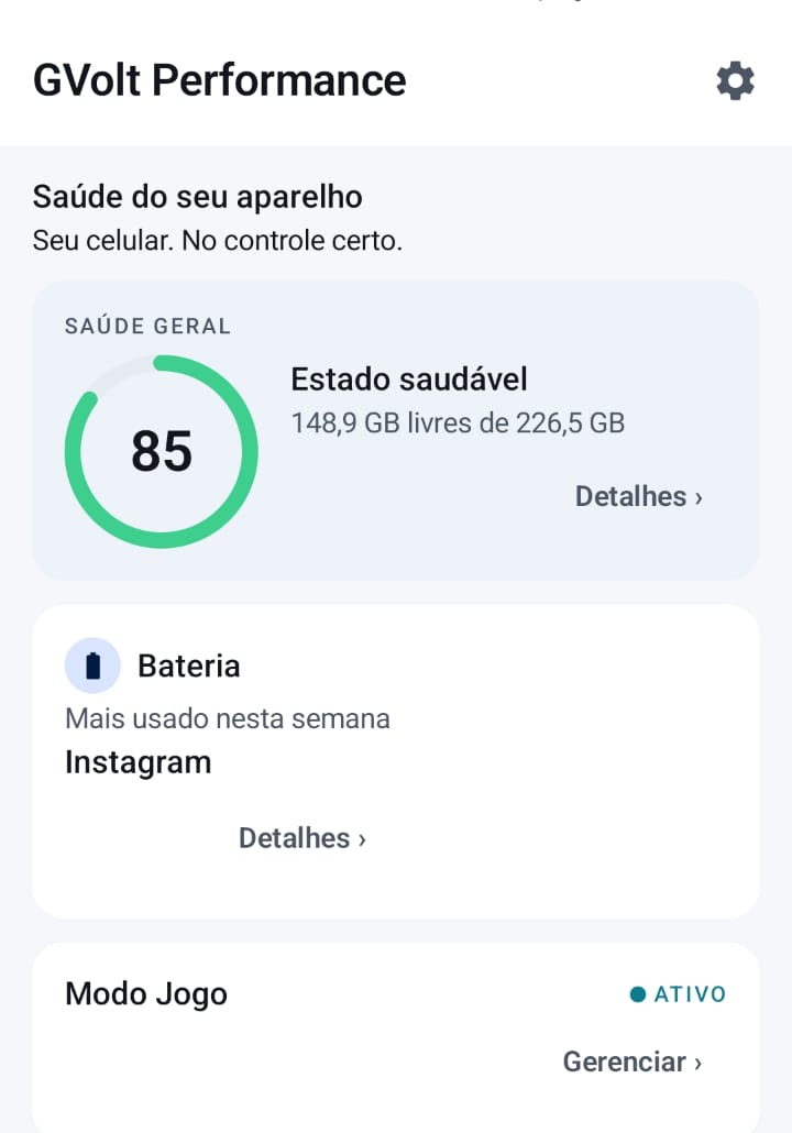 Tela inicial do GVolt Performance Mobile mostrando a pontuação de saúde do armazenamento, o resumo de bateria e o status do Modo Jogo.
