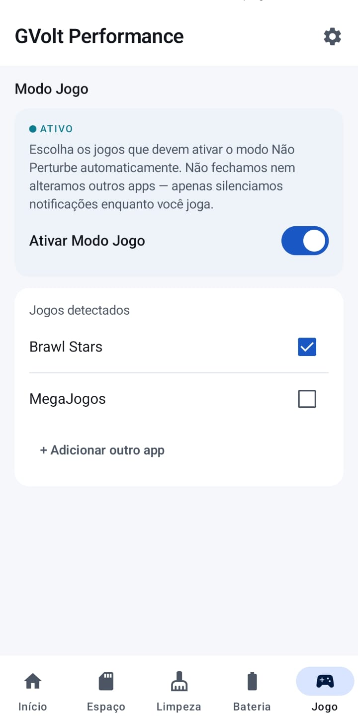 Tela do Modo Jogo do GVolt Performance Mobile mostrando a ativação do Não Perturbe e a seleção dos aplicativos monitorados.